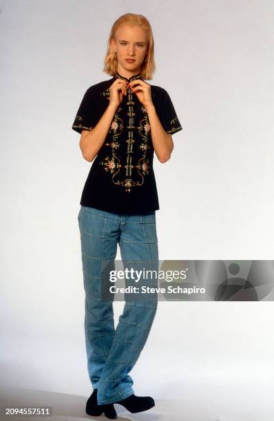 Portrait of American actress Juliette Lewis against a white background, Los Angeles, California, July 10, 1991.