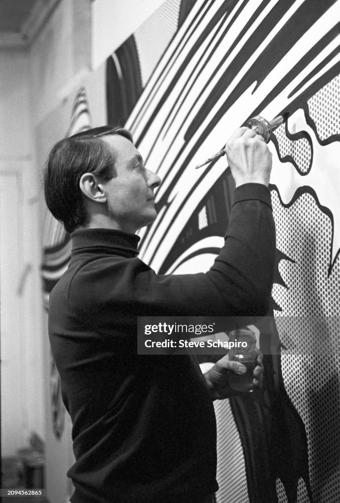 View Of American Artist Roy Lichtenstein As He Paints Yellow And view-of-american-artist-roy-lichtenstein-as-he-paints-yellow-and