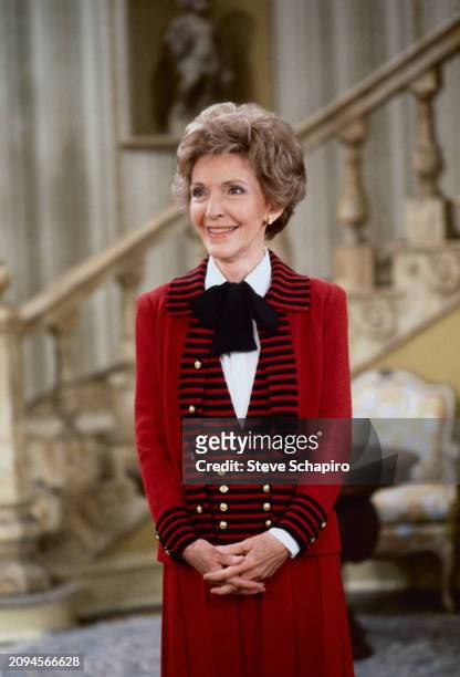 View of US First Lady Nancy Reagan in a scene from an episode of the TV show 'Diff'rent Strokes' , Los Angeles, California, April 1984.