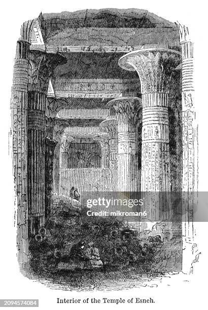 old engraved illustration of inside the temple of khnum, esna - temple is dedicated to the god khnum - north african culture stock pictures, royalty-free photos & images