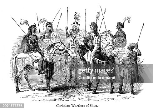 Old engraved illustration of Christian warriors of Shoa or Chewa, the feudal noble warrior class of Imperial Ethiopia