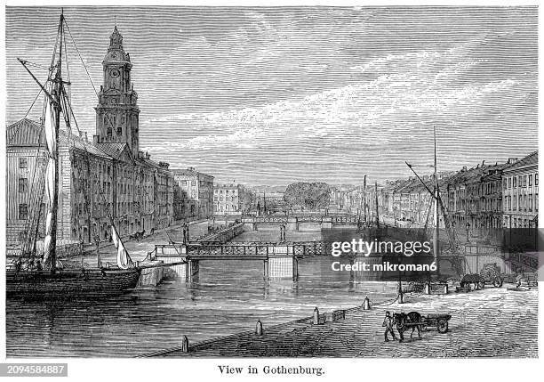 old engraved illustration of view of gothenburg, the capital of västra götaland county in sweden - västra götaland county stock pictures, royalty-free photos & images