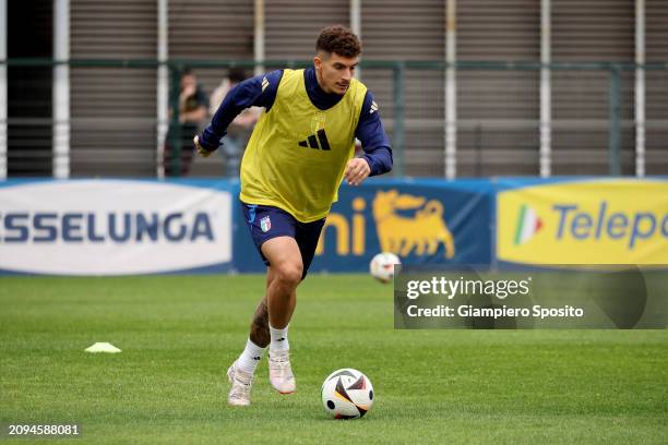 Riccardo Orsolini of Italy in action during a training session at Centro Sportivo Giulio Onesti on March 18, 2024 in Rome, Italy.