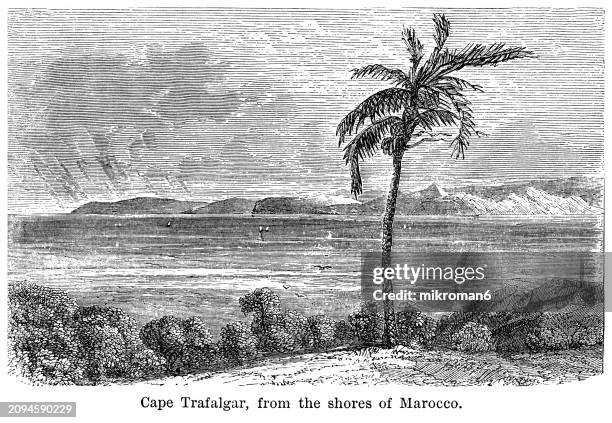 old engraving illustration of cape trafalgar (headland in the province of cádiz in the southwest of spain) seen from the shores of morocco - north african culture stock pictures, royalty-free photos & images