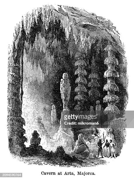 old engraved illustration of caves d'arta, arta, mallorca (underground caverns with spectacular stalactite and stalagmite formations) - wood block stock pictures, royalty-free photos & images