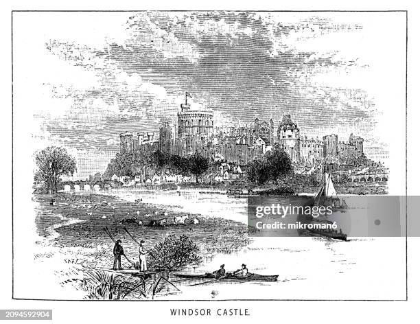 old engraved illustration of windsor castle, royal residence - fashion stock illustrations stock pictures, royalty-free photos & images