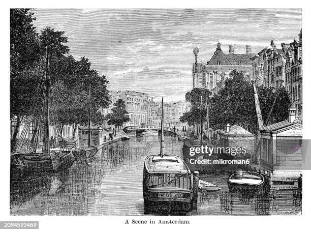 old engraved illustration of a scene in amsterdam, holland - fashion stock illustrations stock pictures, royalty-free photos & images