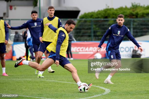 Giacomo Bonaventura of Italy in action during a training session at Centro Sportivo Giulio Onesti on March 18, 2024 in Rome, Italy.