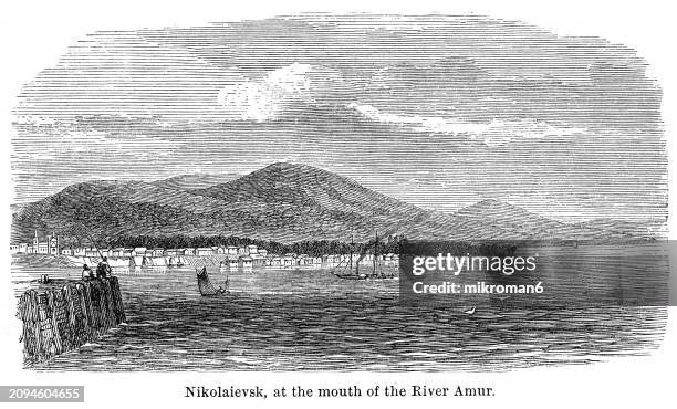 old engraving illustration of nikolaevsk (in kenai peninsula borough in the u.s. state of alaska) at the mouth of the river amur - fashion stock illustrations stock pictures, royalty-free photos & images