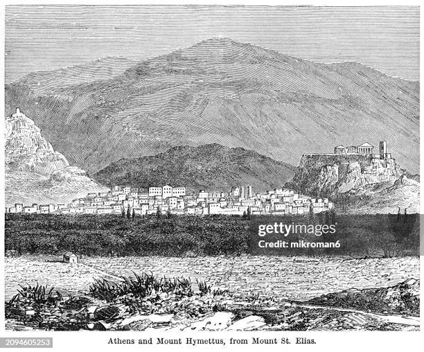 old engraved illustration of ancient city athens and mount hymettus from mount st. elias - fallen lord stock pictures, royalty-free photos & images