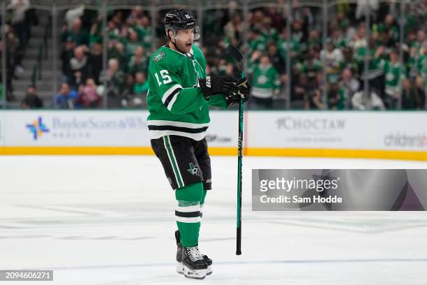 Craig Smith of the Dallas Stars celebrates his first period goal against the Los Angeles Kings at American Airlines Center on March 16, 2024 in...