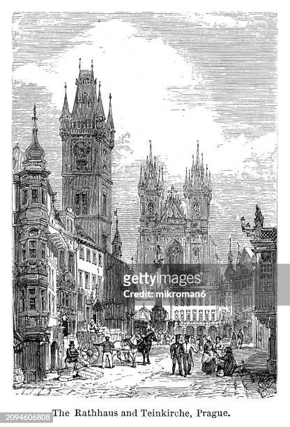 old engraved illustration of the old town hall and the church of mother of god before týn (a gothic church and a dominant feature of the old town) prague, czech republic - arch architectural feature stock-fotos und bilder