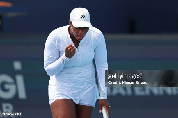 Taylor Townsend of the United States reacts during her women's singles qualifying match against Emina Bektas of the United States during the Miami...