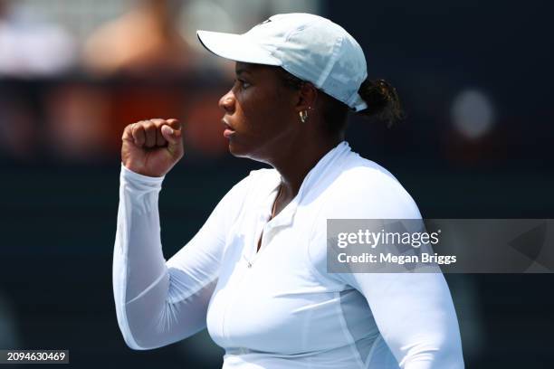 Taylor Townsend of the United States reacts during her women's singles qualifying match against Emina Bektas of the United States during the Miami...