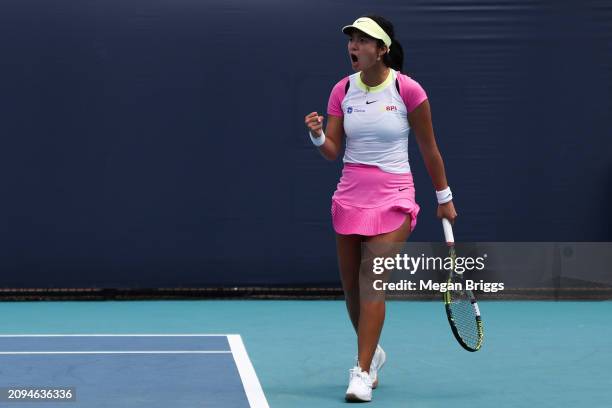 Alexandra Eala of Philippines reacts during her women's singles qualifying match against Emiliana Arango of Colombia during the Miami Open at Hard...