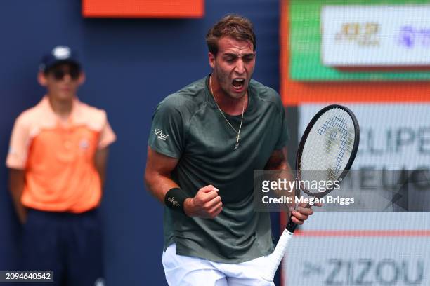 Felipe Meligeni Alves of Brazil reacts during his men's singles qualifying match against Zizou Bergs of Belgium during the Miami Open at Hard Rock...