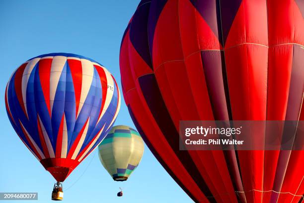Hot air balloons leave from Innes Common at dawn on the opening day of the Balloons Over Waikato Hot Air Balloon Festival on March 19, 2024 in...