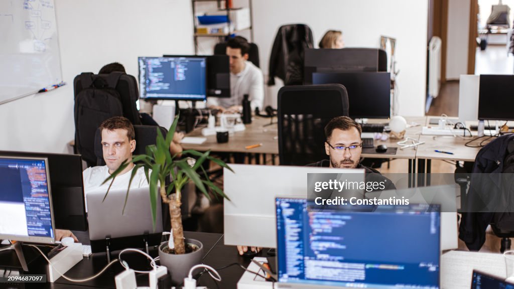 Group of male and female computer programmers working on computer at the open space office