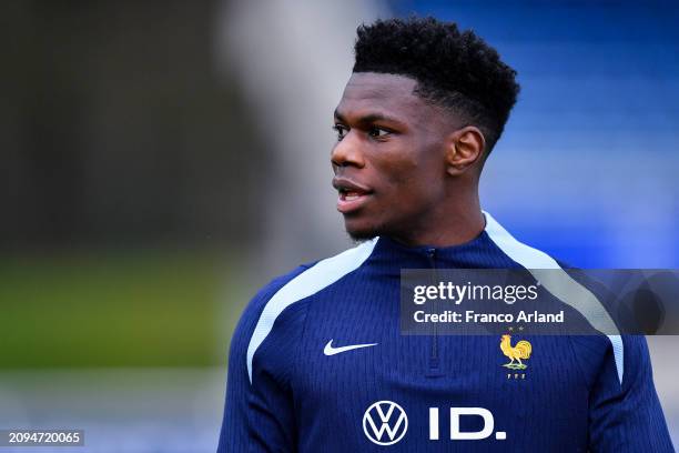 Aurelien Tchouameni of France looks on during a French national team training session part of a preparation for upcoming friendly football matches at...