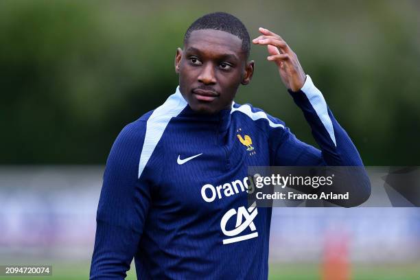 Randal Kolo Muani of France looks on during a French national team training session part of a preparation for upcoming friendly football matches at...