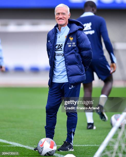 Didier Deschamps, Head coach of France reacts during the French national team training session part of a preparation for upcoming friendly football...