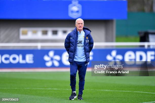 Didier Deschamps, Head coach of France looks on during the French national team training session part of a preparation for upcoming friendly football...