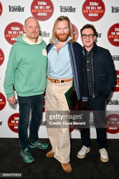 James Robson, Henry Conway and Adam Hyman attend Condé Nast Traveller's UK's Top New Restaurant Awards at Shoreditch Arts Club on March 18, 2024 in...