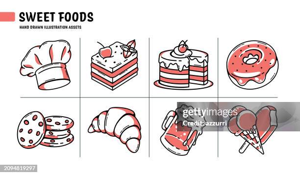 ilustraciones, imágenes clip art, dibujos animados e iconos de stock de panadería, iconos de alimentos dulces - fabricación de galletas