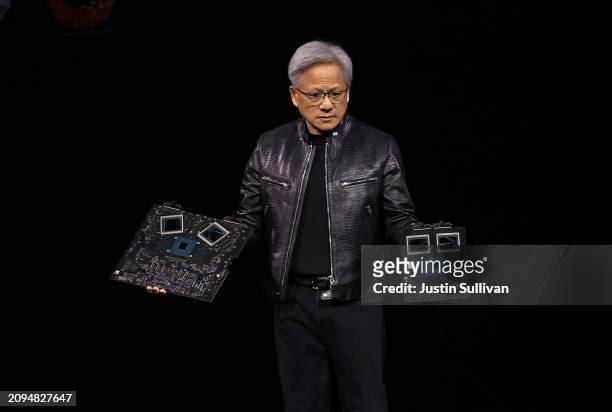 Nvidia CEO Jensen Huang delivers a keynote address during the Nvidia GTC Artificial Intelligence Conference at SAP Center on March 18, 2024 in San...