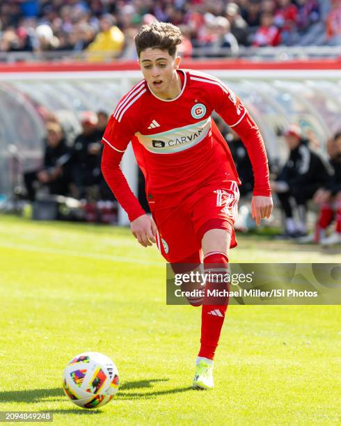 Brian Gutierrez of Chicago Fire dribbles the ball during a game between CF Montreal and Chicago Fire FC at Soldier Field on March 16, 2024 in...