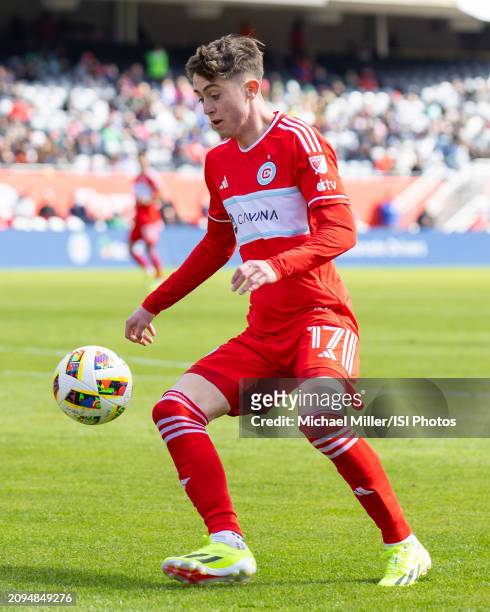 Brian Gutierrez of Chicago Fire dribbles the ball during a game between CF Montreal and Chicago Fire FC at Soldier Field on March 16, 2024 in...