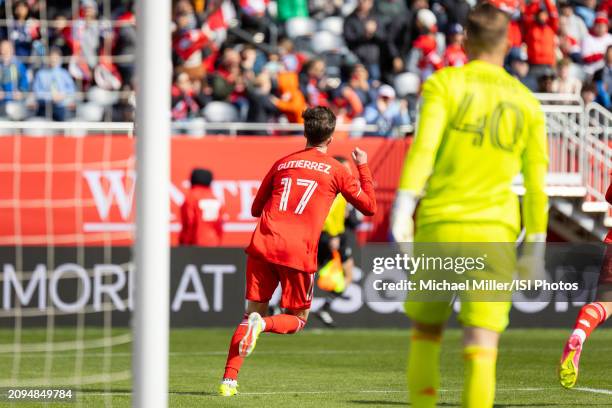 Brian Gutierrez of Chicago Fire celebrates his goal during a game between CF Montreal and Chicago Fire FC at Soldier Field on March 16, 2024 in...