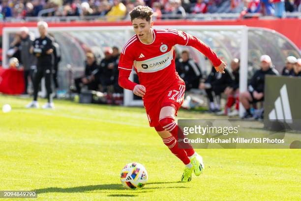 Brian Gutierrez of Chicago Fire dribbles the ball during a game between CF Montreal and Chicago Fire FC at Soldier Field on March 16, 2024 in...