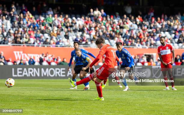 Brian Gutierrez of Chicago Fire scores on a penalty kick during a game between CF Montreal and Chicago Fire FC at Soldier Field on March 16, 2024 in...