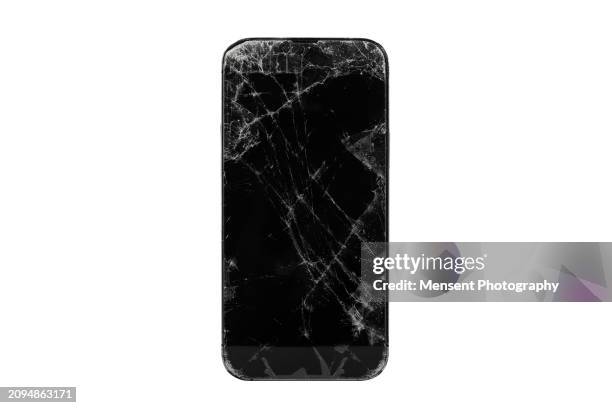smartphone isolated mockup with a broken screen glass in a white background on a high-quality studio shot - cracked iphone screen stock pictures, royalty-free photos & images
