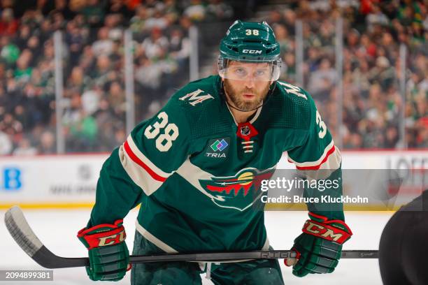 Ryan Hartman of the Minnesota Wild awaits a face-off against the Anaheim Ducks during the game at the Xcel Energy Center on March 14, 2024 in Saint...