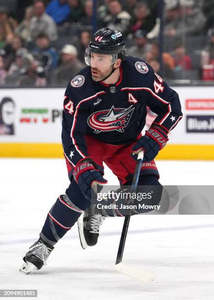 Erik Gudbranson of the Columbus Blue Jackets skates during the first period against the San Jose Sharks at Nationwide Arena on March 16, 2024 in...