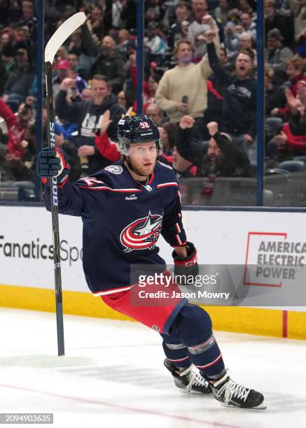 Alexander Nylander of the Columbus Blue Jackets celebrates a goal in the second period against the San Jose Sharks at Nationwide Arena on March 16,...