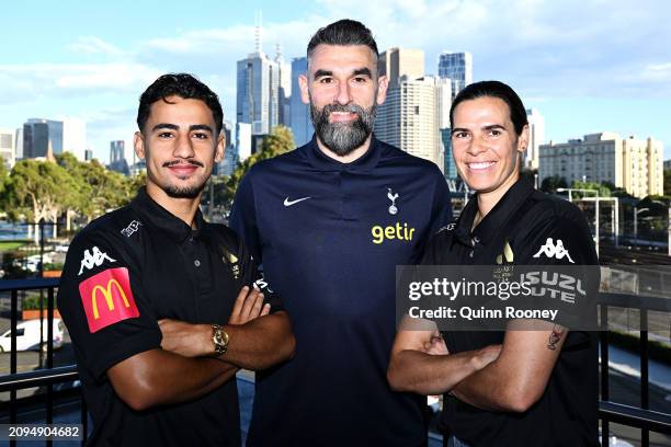Daniel Arzani of Melbourne Victory, Mile Jedinak and Lydia Williams of Melbourne Victory pose during an A-Leagues media opportunity at Melbourne...