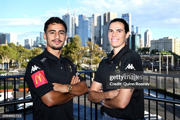 Daniel Arzani and Lydia Williams of Melbourne Victory pose during an A-Leagues media opportunity at Melbourne Olympic Park Tennis Centre on March 19,...