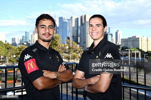 Daniel Arzani and Lydia Williams of Melbourne Victory pose during an A-Leagues media opportunity at Melbourne Olympic Park Tennis Centre on March 19,...