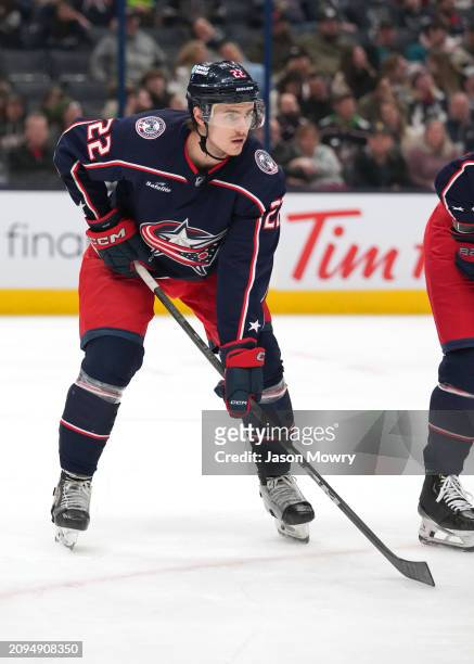 Jake Bean of the Columbus Blue Jackets waits for a face off during the third period against the San Jose Sharks at Nationwide Arena on March 16, 2024...