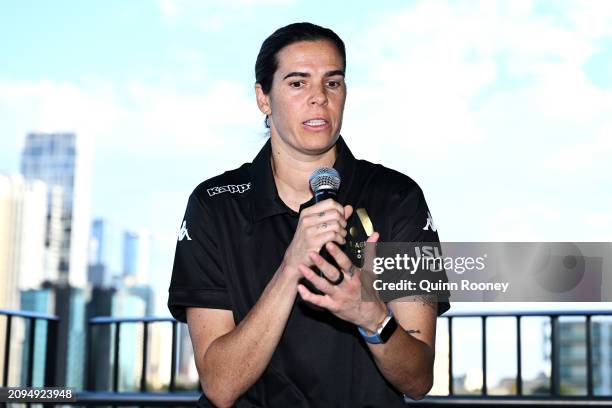 Lydia Williams of Melbourne Victory speaks to the media during an A-Leagues media opportunity at Melbourne Olympic Park Tennis Centre on March 19,...