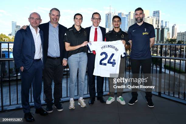 Tottenham Hotspur Chief Football Officer Scott Munn, Stephen Conroy, APL Independent Chair, Lydia Williams of Melbourne Victory, Steve Dimopoulos the...