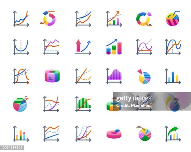 graphs, diagrams, chart, infographic elements flat icons set - line graph stock illustrations