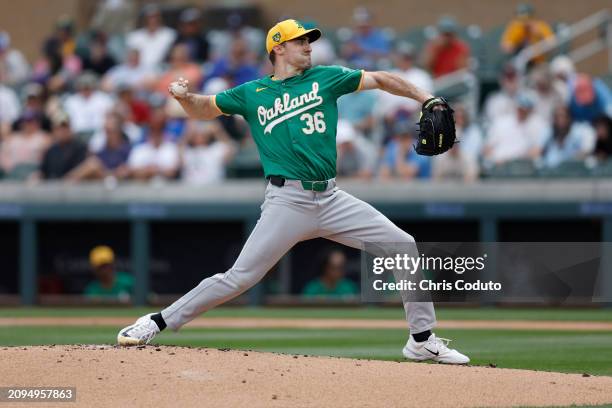 Ross Stripling of the Oakland Athletics pitches against the Arizona Diamondbacks during the first inning of a spring training game at Salt River...