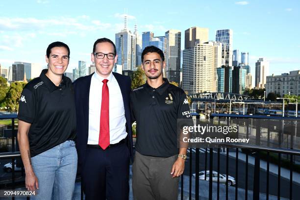 Lydia Williams of Melbourne Victory, Steve Dimopoulos the Minister for Tourism, Sport and Major Events, Environment, Outdoor Recreation and Daniel...