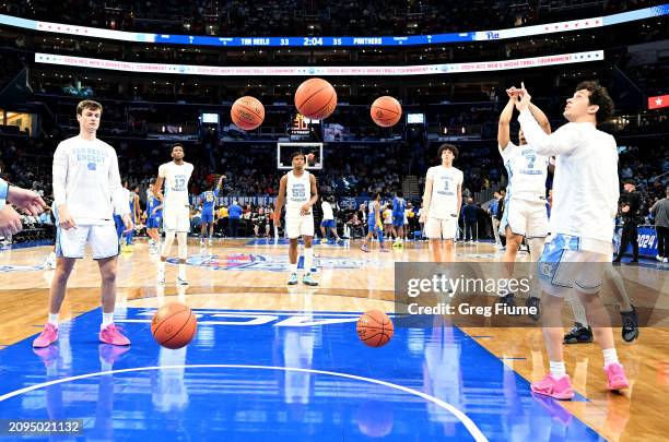 The North Carolina Tar Heels warm up at halftime against the Pittsburgh Panthers in the Semifinals of the ACC Men's Basketball Tournament at Capital...