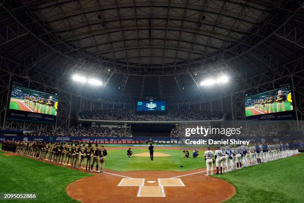 General view of Gocheok Sky Dome during the singing of the national anthem prior to the 2024 Seoul Series game between the San Diego Padres and the...