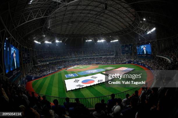 General view of Gocheok Sky Dome during the national anthem prior to the 2024 Seoul Series game between the San Diego Padres and the Los Angeles...